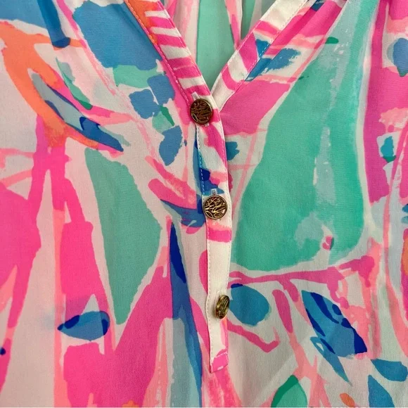 Lilly Pulitzer 100% Silk Elsa Blouse Top Shirt Floral Leaf Out to Sea Nautical S - Picture 6 of 10